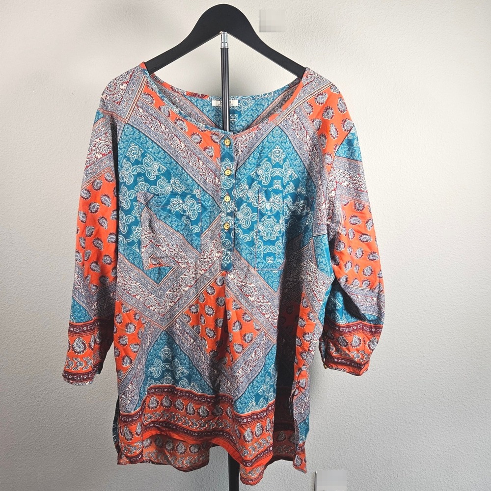 MPH Collection Tunic Women 3X Blue Orange Paisley Patchwork Henley Boho Top